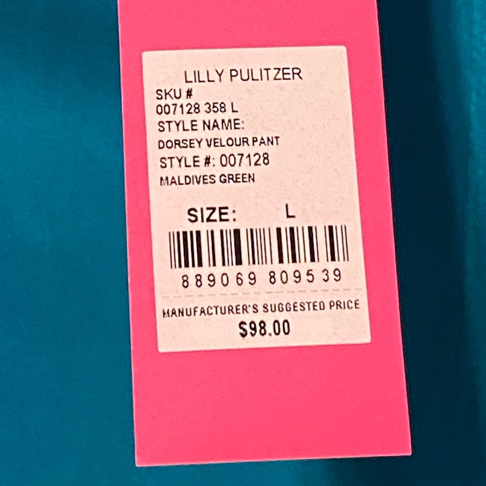 PRICE DROP Lilly Pulitzer Maldives Green Velour Pants/Leggings, size L, NWT - Picture 7 of 7